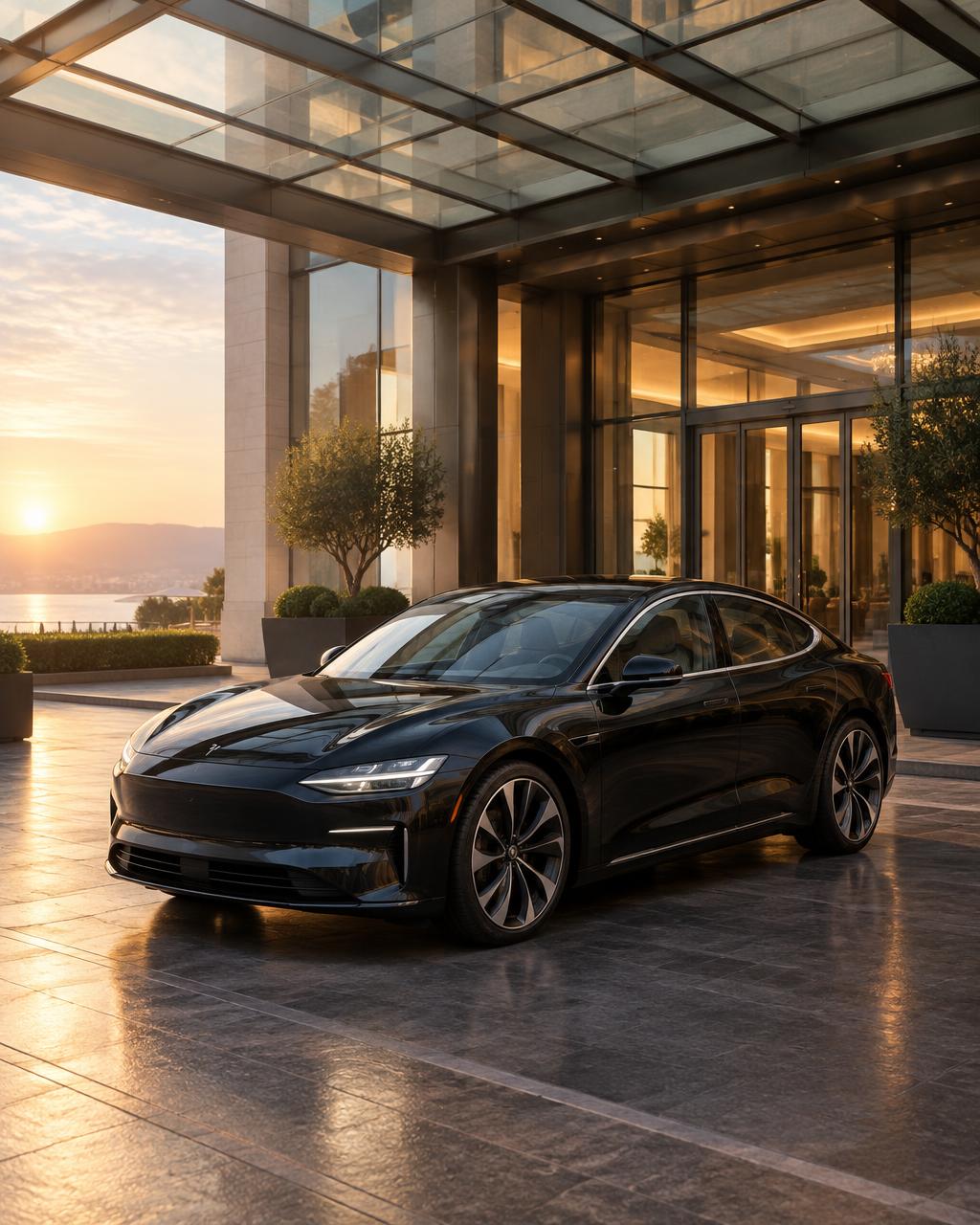 Electric sedan at a luxury Lagos hotel entrance at dawn